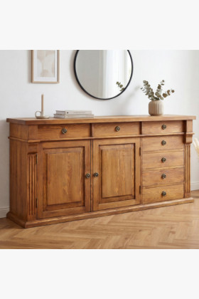 Tömör fenyő barna lakkozott patinás komód 175x83x45 cm, tágas tároló